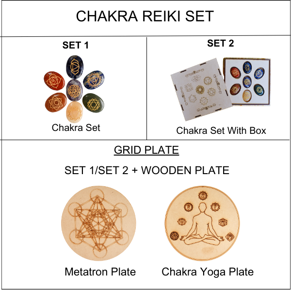 Chakra Crystals Set, Oval Reiki 7 Chakra Stones Set, Wooden Grid Plate, Selenite Log DestGlow