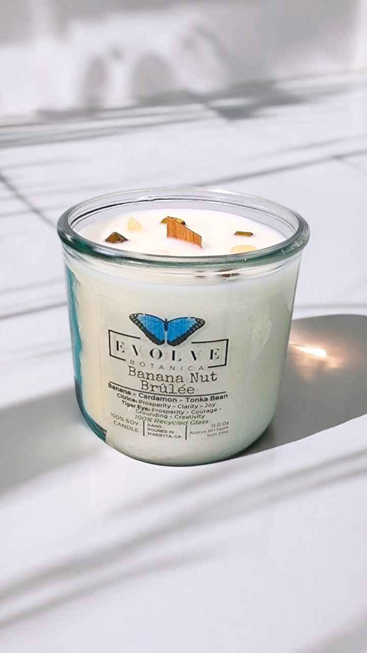 Rocks Candle - Banana Nut Brulee (Wood Wick Citrine & Tiger Eye Gemstone Soy Candle)
