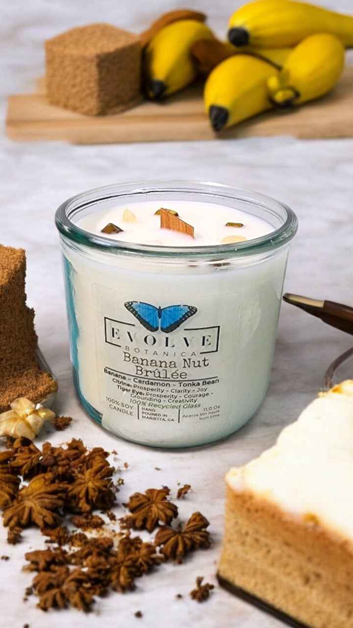 Rocks Candle - Banana Nut Brulee (Wood Wick Citrine & Tiger Eye Gemstone Soy Candle)