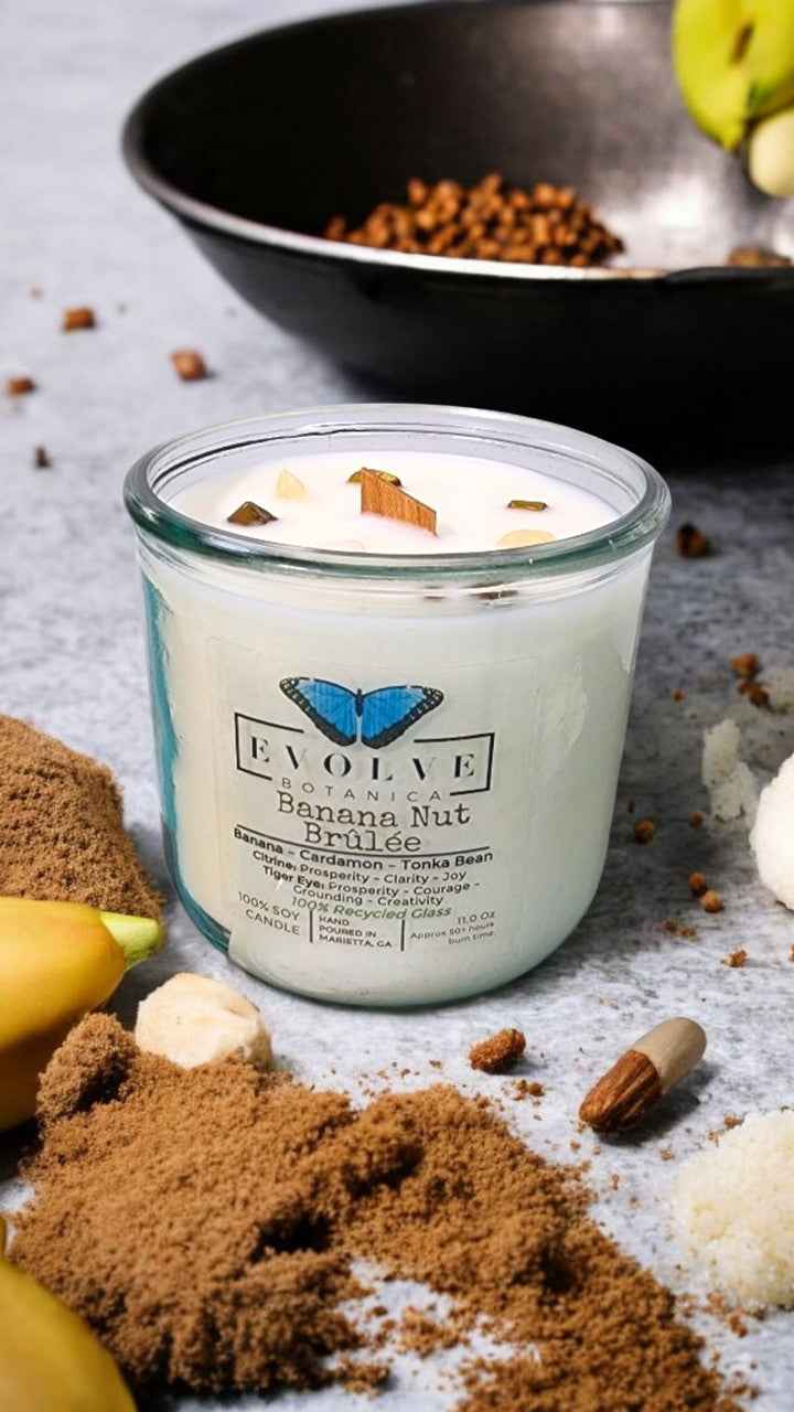 Rocks Candle - Banana Nut Brulee (Wood Wick Citrine & Tiger Eye Gemstone Soy Candle)