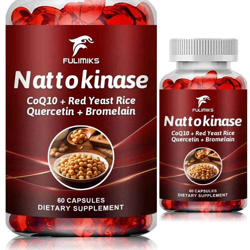Nattokinase Capsules with CoQ10 - Red Yeast Rice - Quercetin -Bromelain, Brain Health and Normal Blood Flow
