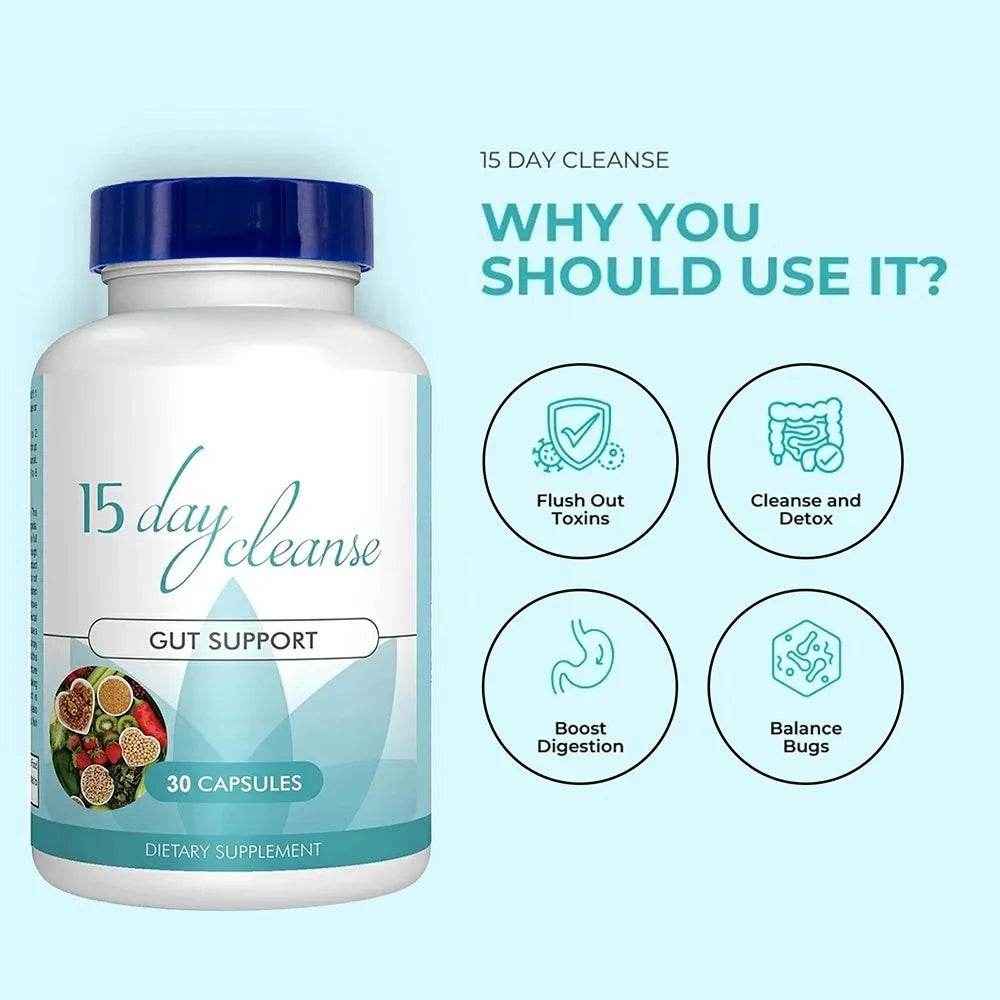 Gut Health Supplements - Improve Digestive Comfort 15 Day Cleanse Detox Gut & Colon Support Capsules