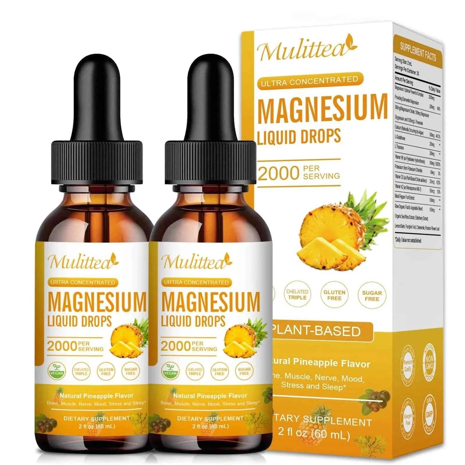 Mulittea Magnesium Glycinate Drops In Pineapple Flavor For Calming Mood, Muscles Sleep, Promoting Nerves and Relaxation