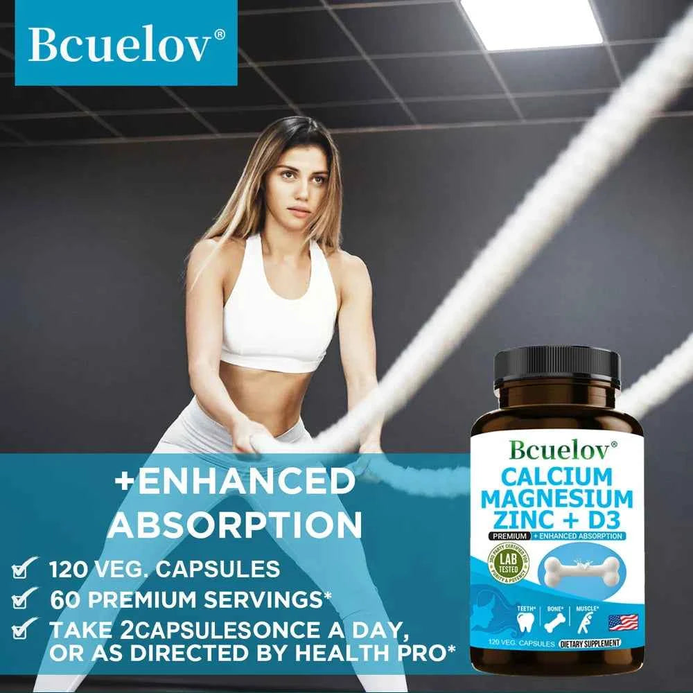 Calcium Magnesium Zinc Vitamin D3 Supplement - Supports Bones, Teeth, Muscles, Nerves, Protein Synthesis, 120 Capsules