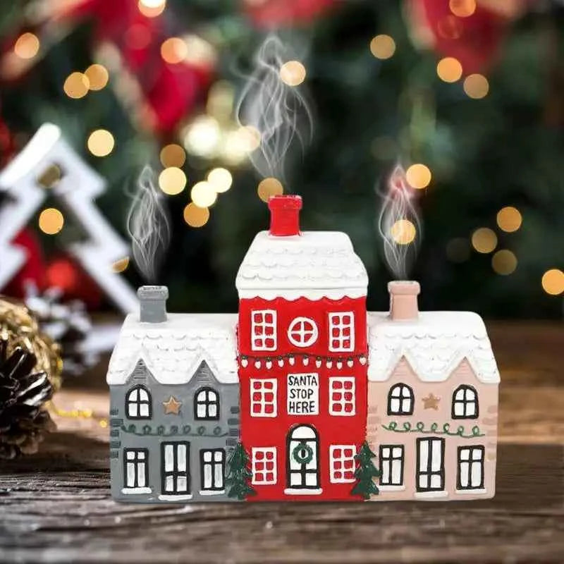 Christmas House Incense Burner - Resin Village Log Cabin Chimney Holder for Festive Home Decoration