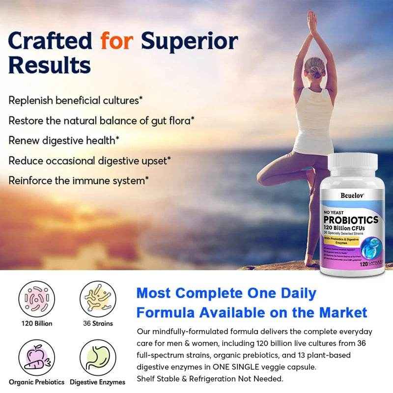 Bcuelov Probiotics 120 Billion CFU - 36 Strains with Prebiotics & Digestive Enzymes for Intestinal Digestion and Immune Support