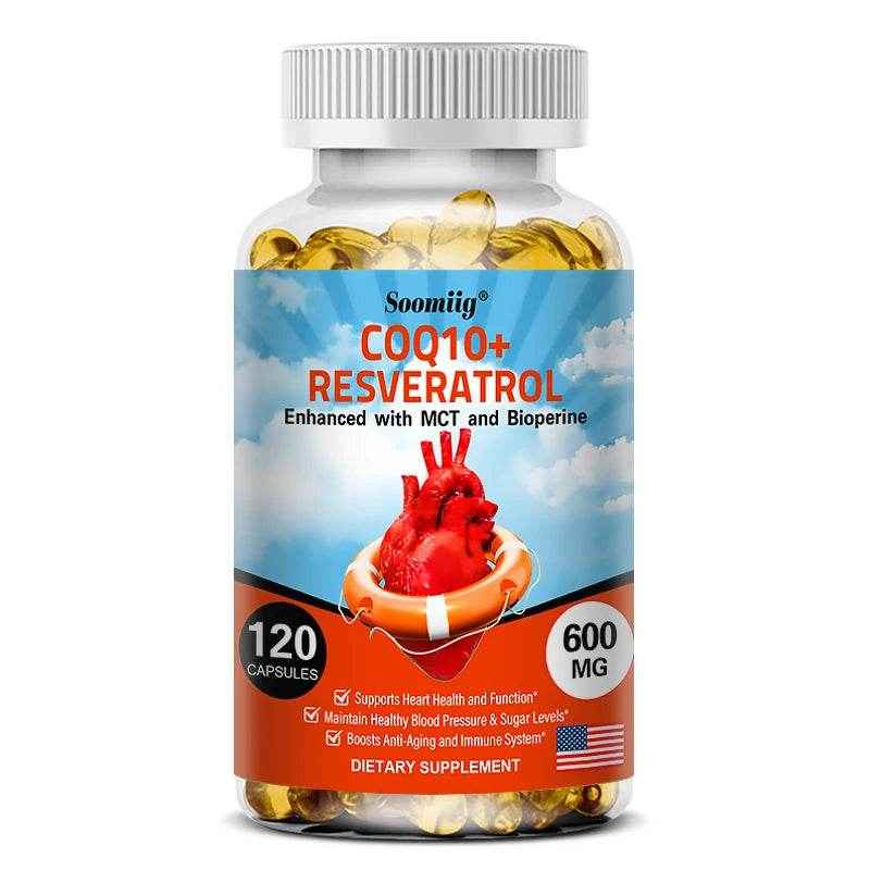 120 CoQ10 + Resveratrol Capsules Supplement to Support Energy, Vitamins, Heart Health and Blood Pressure Levels