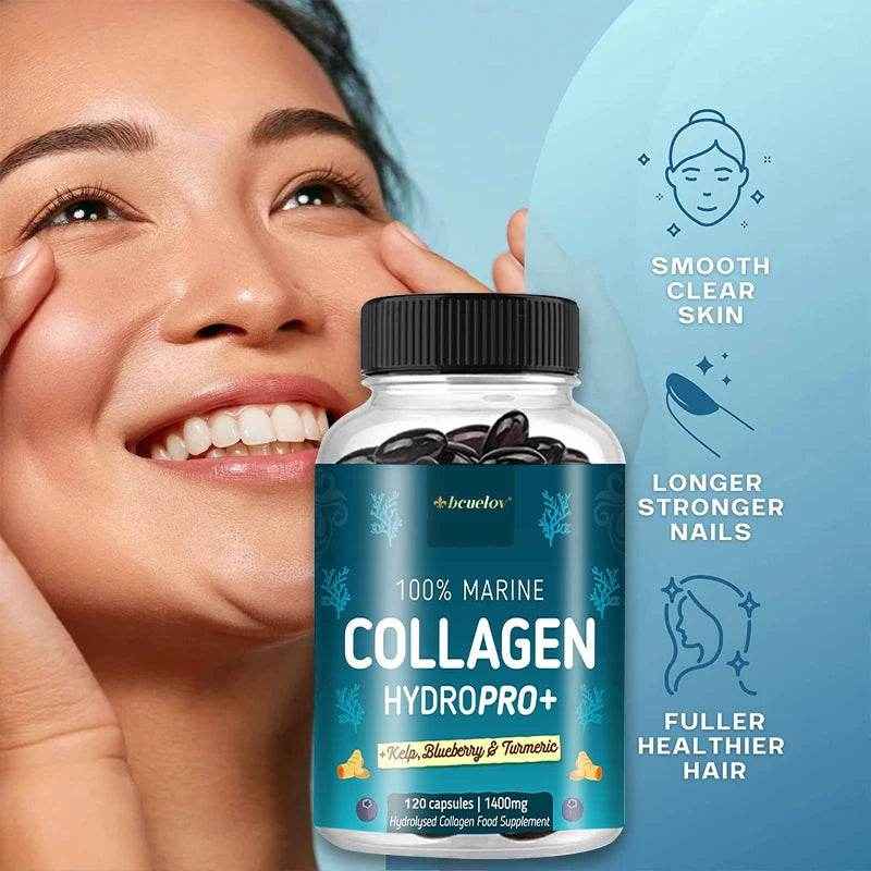 Powerful Marine Collagen - With Hyaluronic Acid, Biotin & Blueberry - 1400mg Complex-Hydrolyzed Type 1-With Vitamins & Minerals