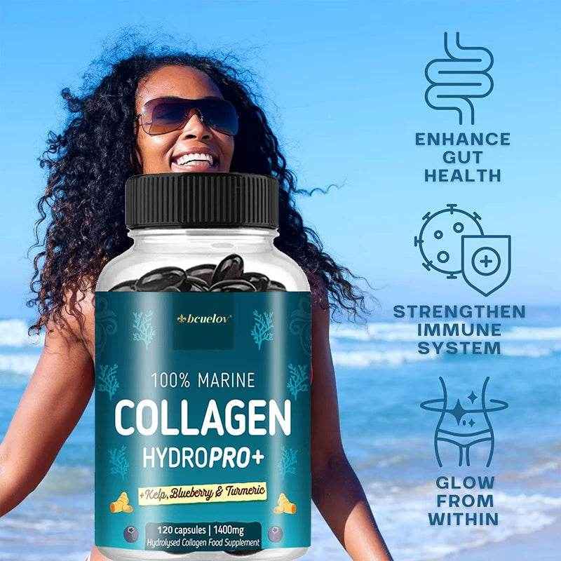 Powerful Marine Collagen - With Hyaluronic Acid, Biotin & Blueberry - 1400mg Complex-Hydrolyzed Type 1-With Vitamins & Minerals