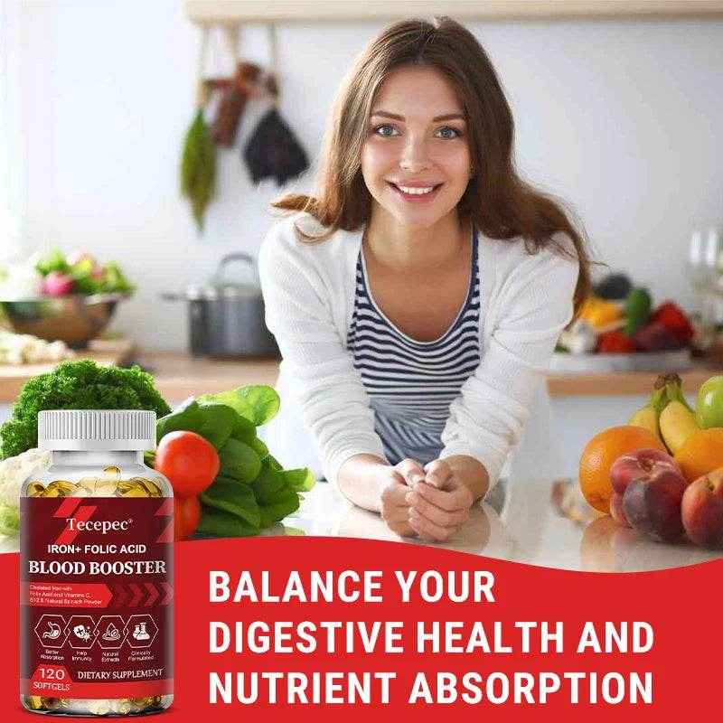 With Iron + Folic Acid, Vitamin C, B12, Blood Booster, Supports Energy, Hemoglobin & Immunity, 120 Capsules