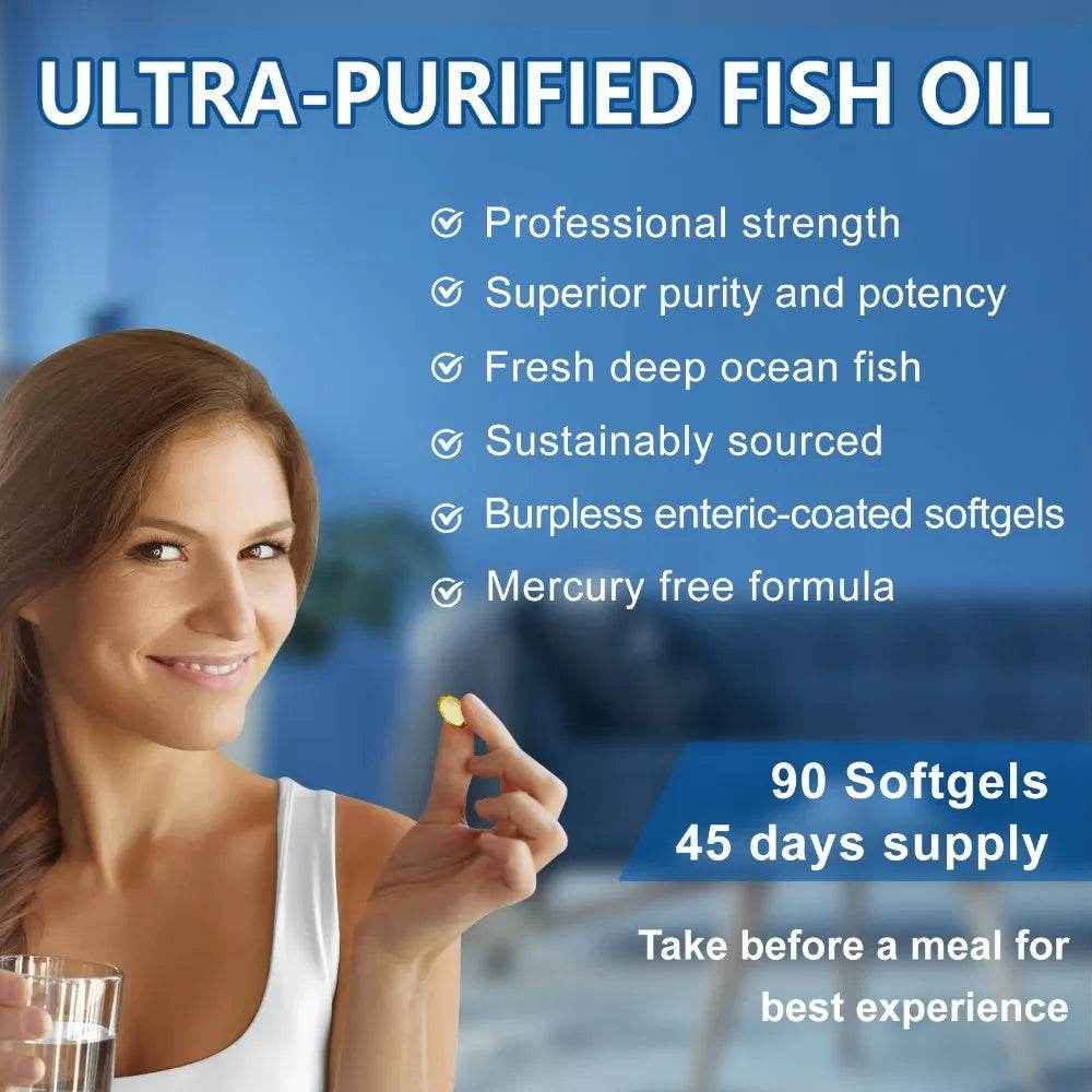 OMEGA 3 Fish Oil Supplement - Rich in EPA & DHA, Supports Brain Health, Heart - Immune System, Eyes, Skin, 90 Capsules