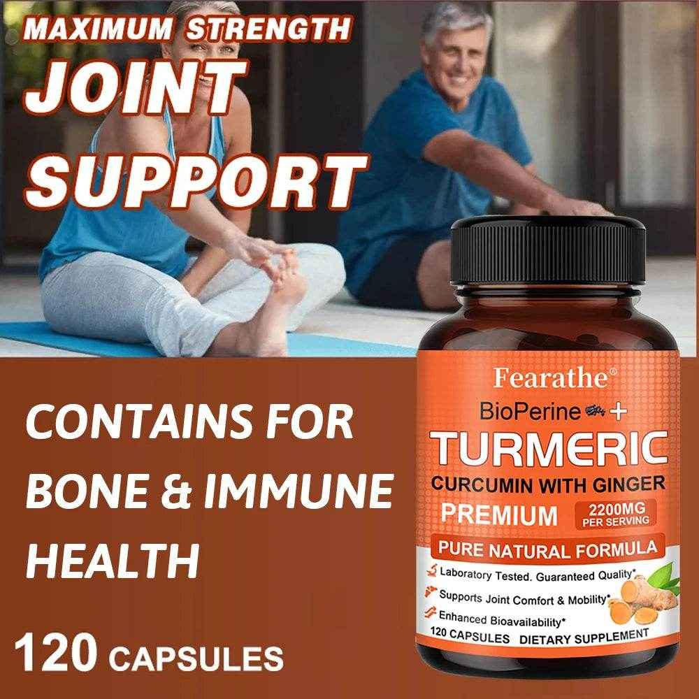 Fearathe Turmeric Supplement - Contains black pepper and ginger for antioxidant benefits, improved joint mobility, inflammation