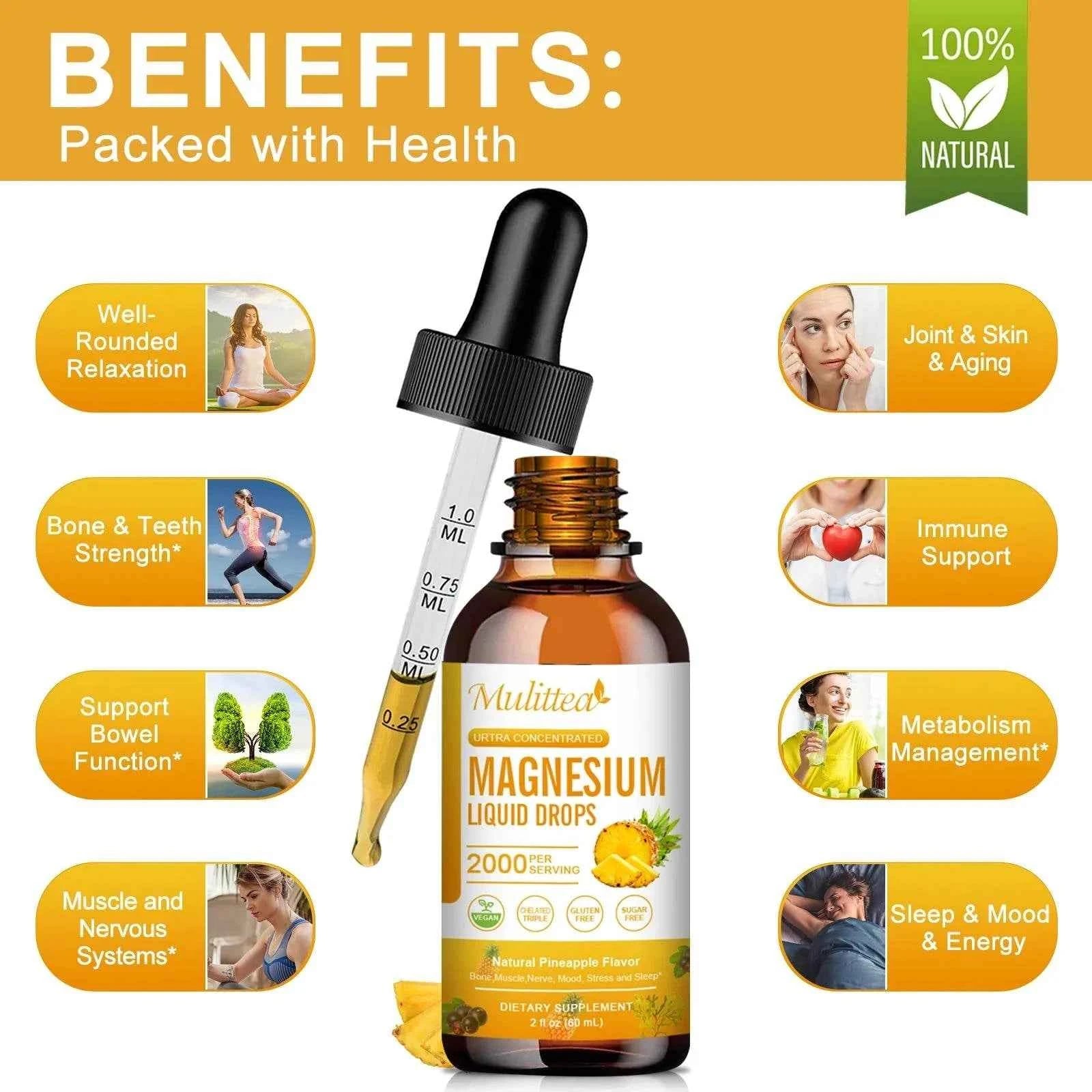 Mulittea Magnesium Glycinate Drops In Pineapple Flavor For Calming Mood, Muscles Sleep, Promoting Nerves and Relaxation