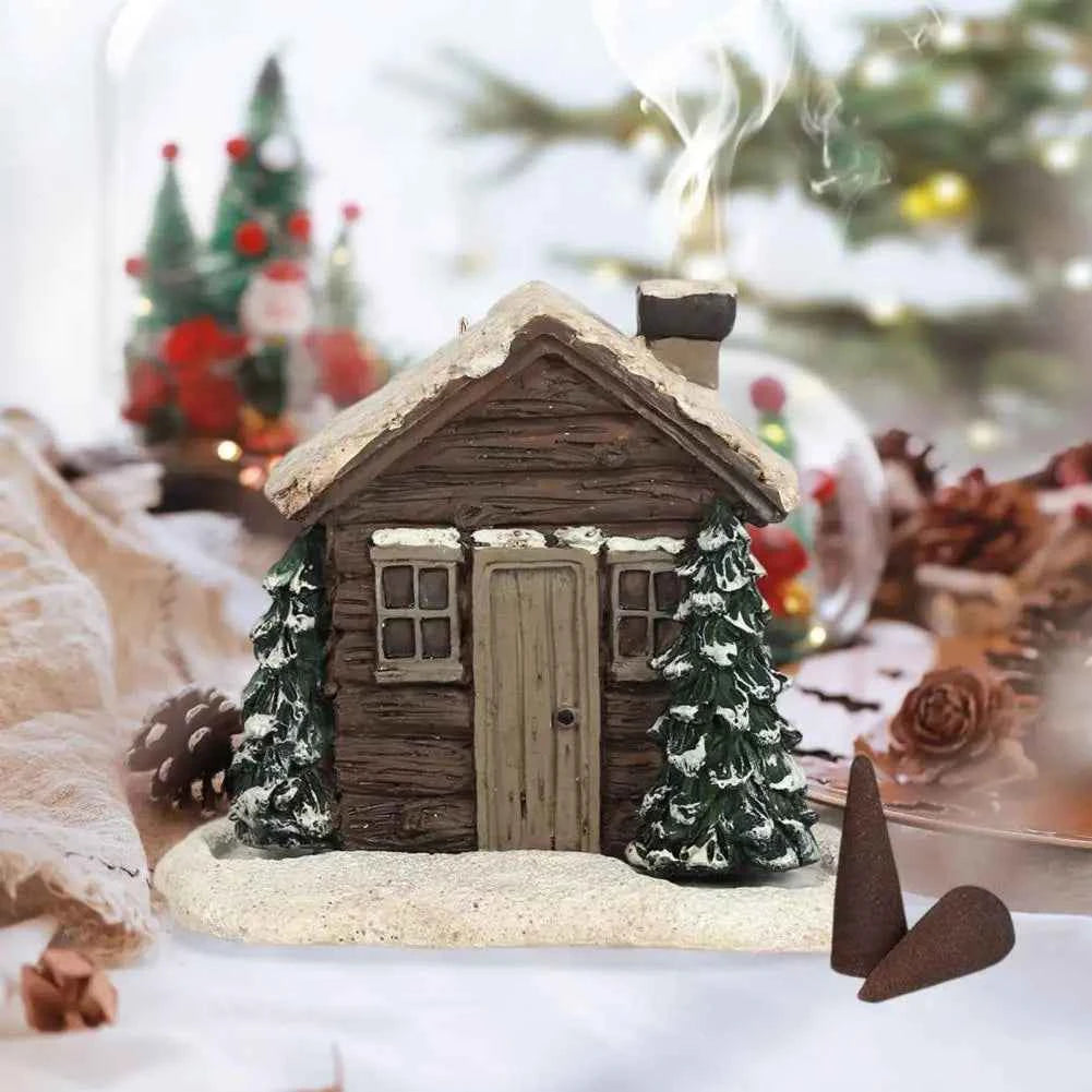 Winter Cabin Decoration - Rustic Log Cabin Incense Burner in Christmas Style for Home Fragrance and New Year Gifts