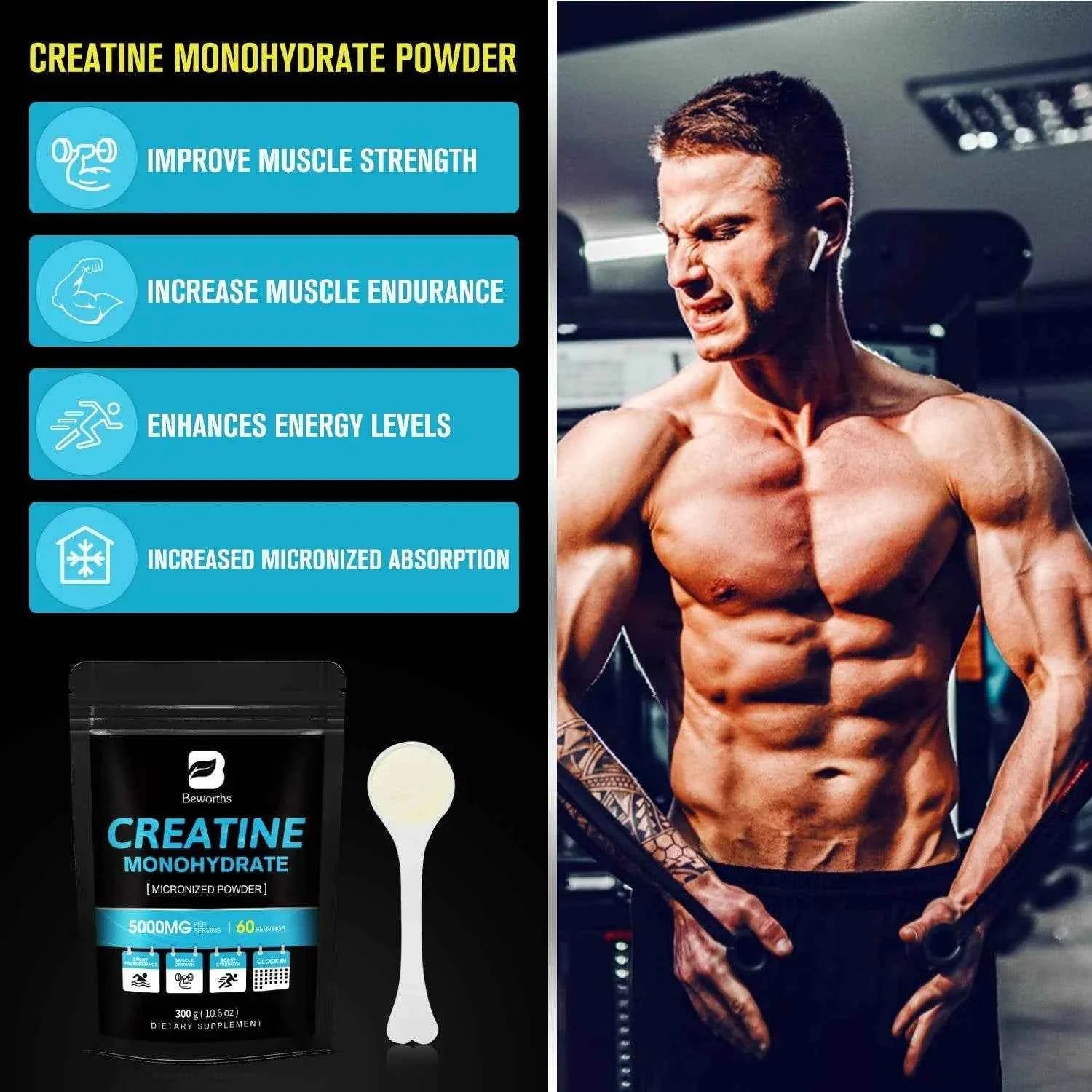 BEWORTHS 300g Creatine Monohydrate Fitness Supplements Build Muscles Muscle Endurance, Non-GMO, Gluten-Free
