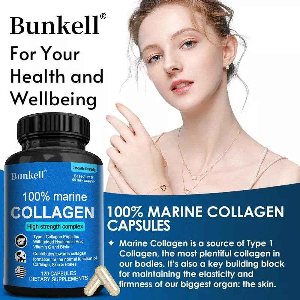 Marine Collagen | with Hyaluronic Acid, Vitamin C and Biotin | High Strength Collagen Supplement for Men and Women 120 Capsules
