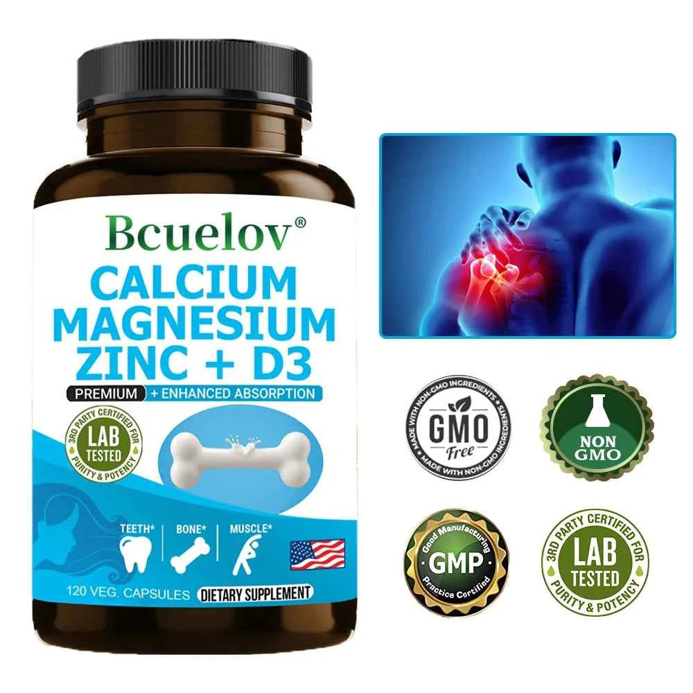 Calcium Magnesium Zinc Vitamin D3 Supplement - Supports Bones, Teeth, Muscles, Nerves, Protein Synthesis, 120 Capsules