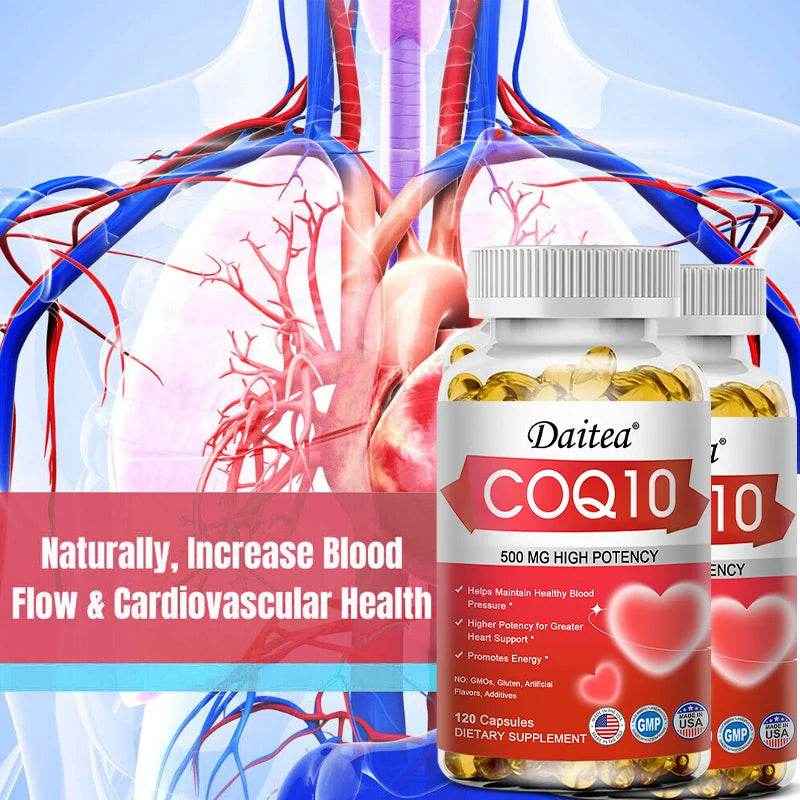 Daitea Coenzyme Q10 Capsules 500mg, for Circulation Stress Health and Body Energy, Better Absorption, Antioxidant
