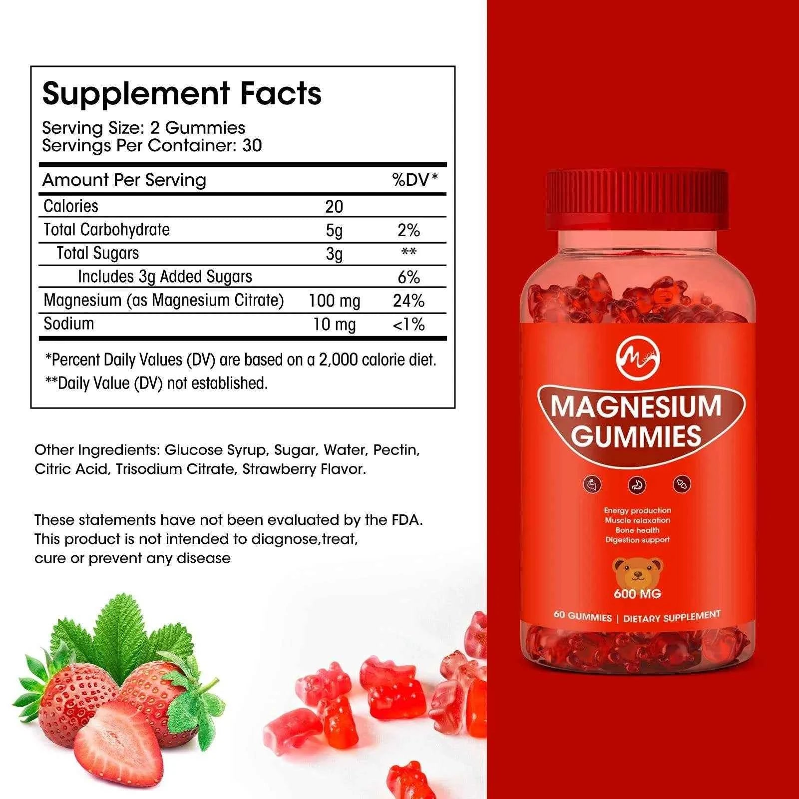 Magnesium Glycinate Gummies - Support Sleep Relax Nerves- Good Mood Brain Health Muscle Strengthen and Bones