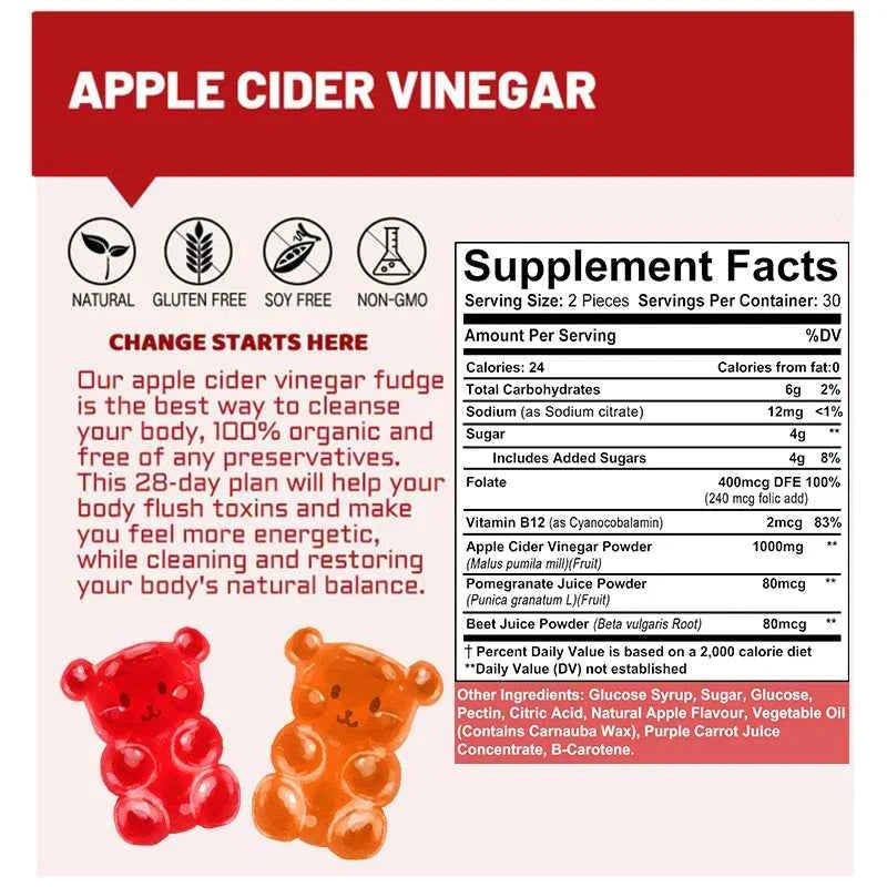 Bcuelov Apple Cider Vinegar Gummy Vitamins - Detox Cleanse, Fat Burner, Weight Management, Digestion Booster, Metabolism