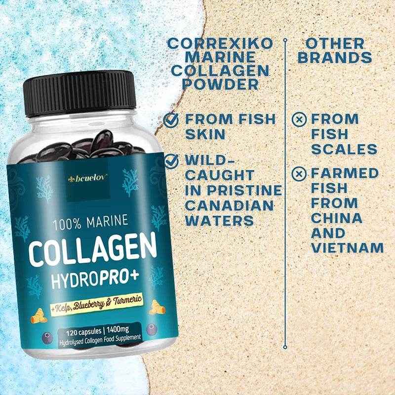 Powerful Marine Collagen - With Hyaluronic Acid, Biotin & Blueberry - 1400mg Complex-Hydrolyzed Type 1-With Vitamins & Minerals
