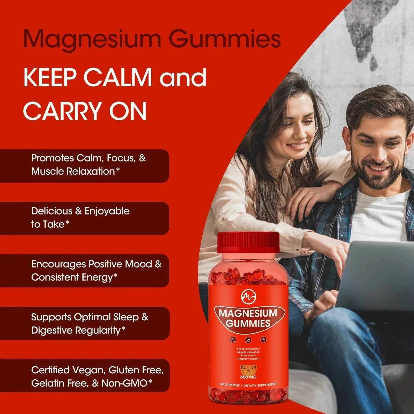 Magnesium Glycinate Gummies - Support Sleep Relax Nerves- Good Mood Brain Health Muscle Strengthen and Bones
