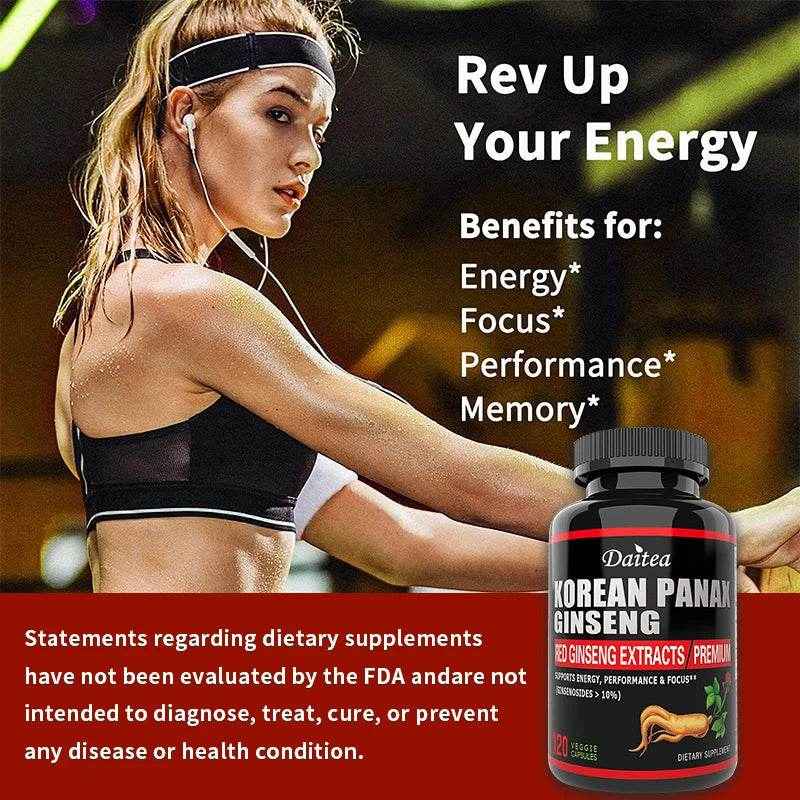 Korean Red Ginseng Vegetarian Capsules - Balances Energy Levels, Reduces Stress, Helps Maintain Memory, Focus and Fights Fatigue
