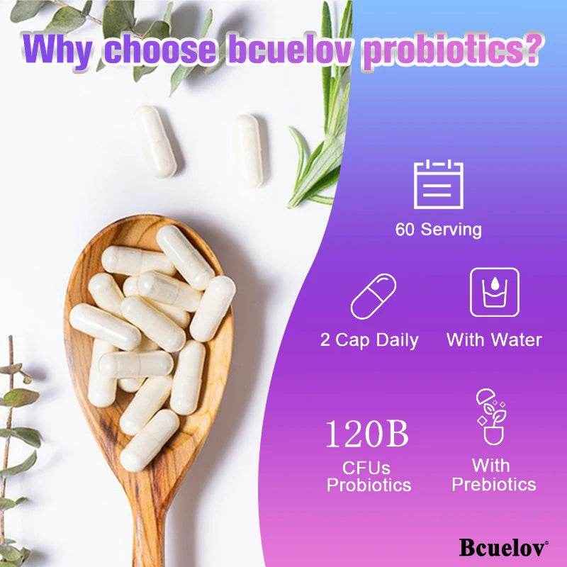 Bcuelov Probiotics 120 Billion CFU - 36 Strains with Prebiotics & Digestive Enzymes for Intestinal Digestion and Immune Support