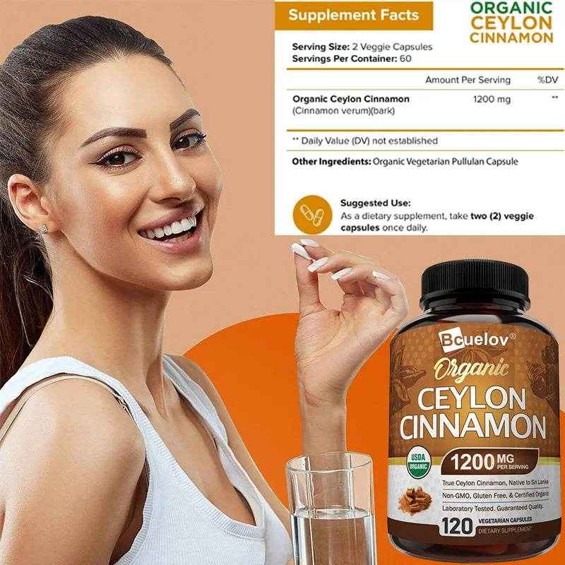 Organic Ceylon Cinnamon Supplement 1200mg - Supports Healthy Blood Sugar Levels and Promotes Heart Health, Antioxidants
