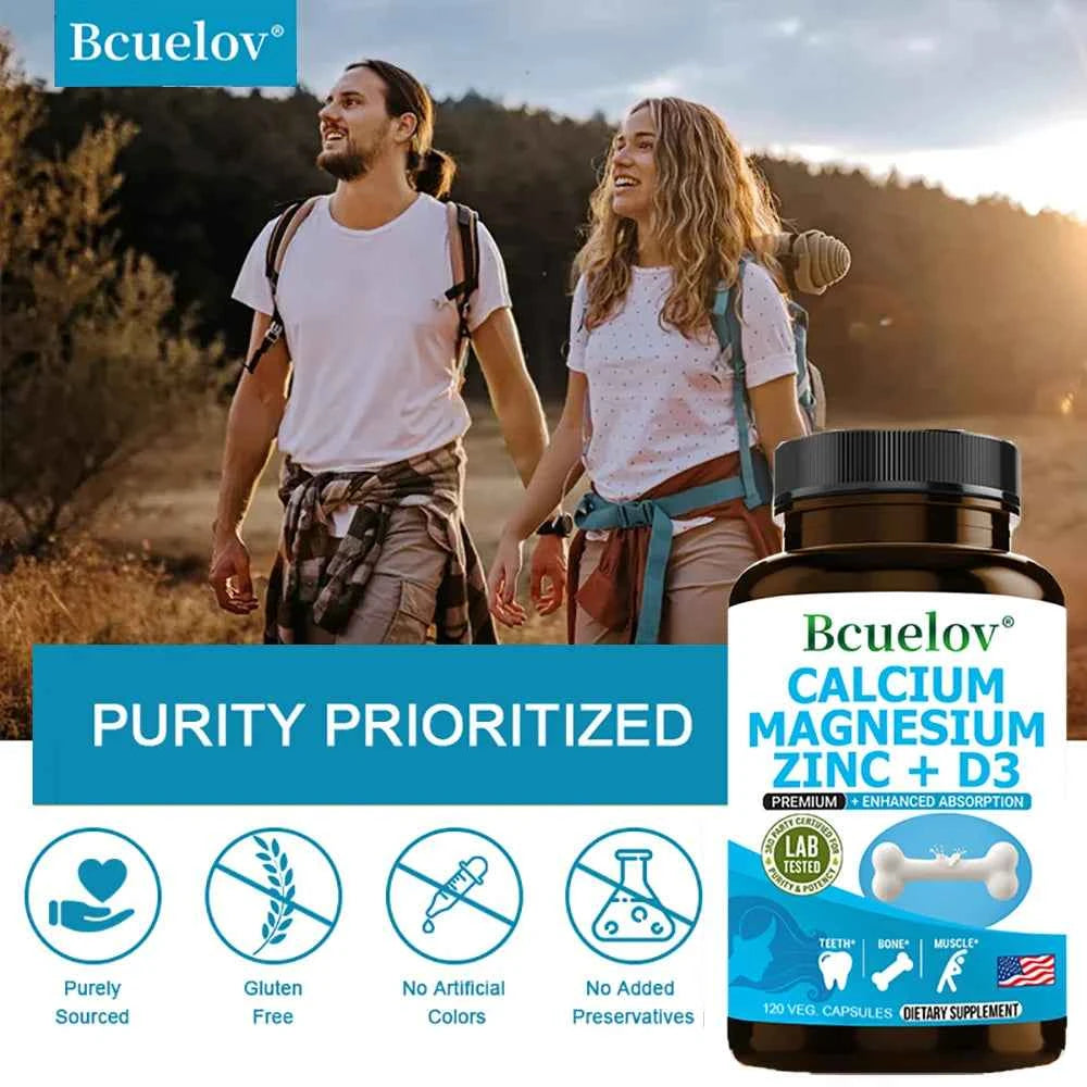 Calcium Magnesium Zinc Vitamin D3 Supplement - Supports Bones, Teeth, Muscles, Nerves, Protein Synthesis, 120 Capsules