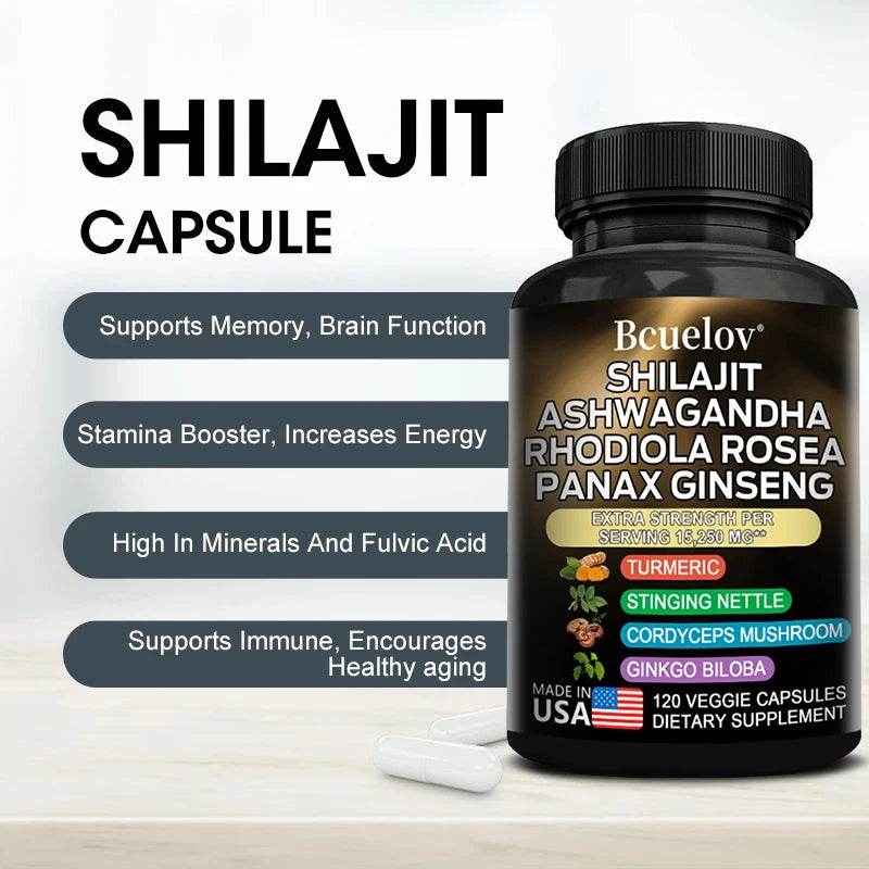 Shilajit Pure Himalayan with Ashwagandha, Rhodiola, Ginseng, Men & Women Supplement - Brain, Energy, Joints, Immunity