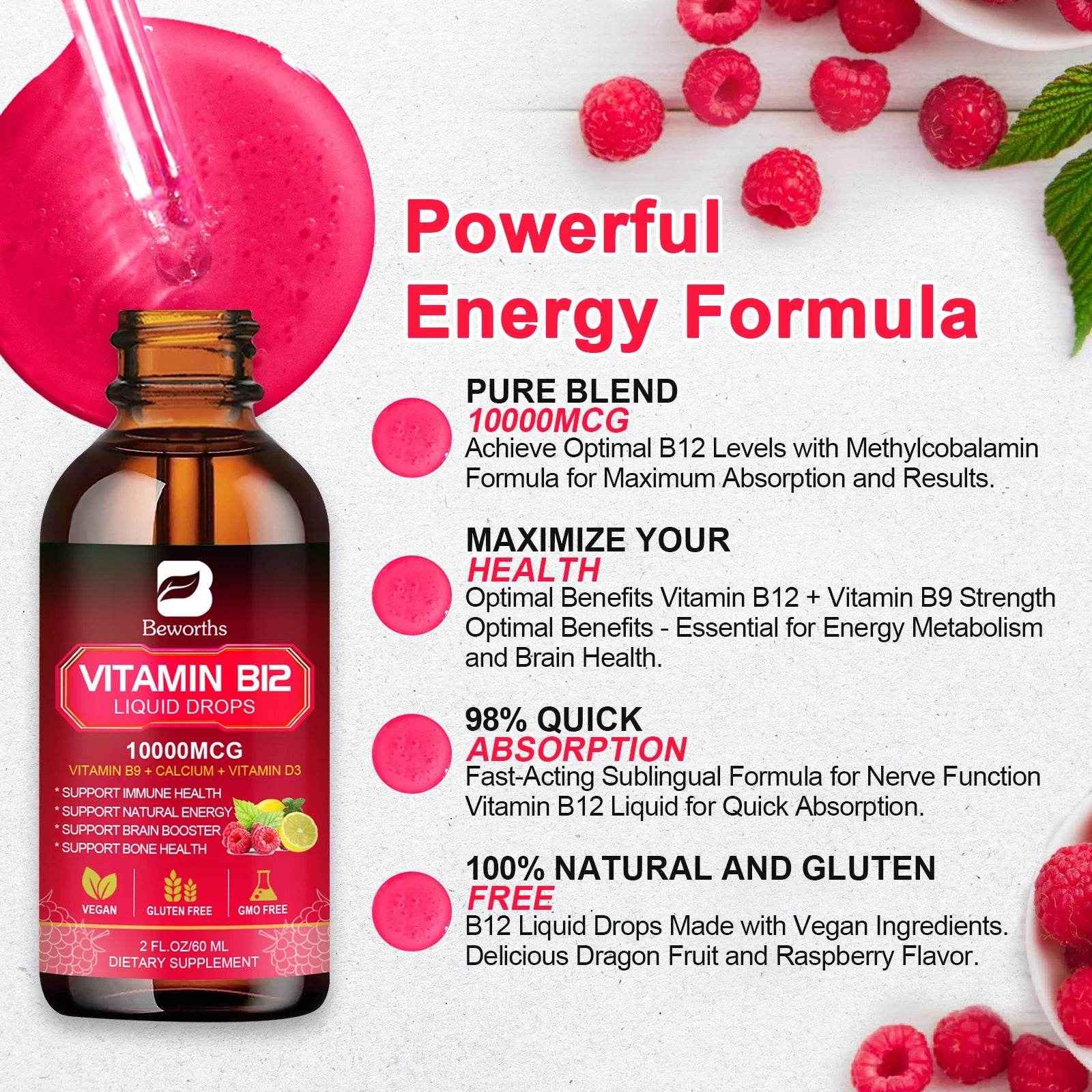 BEWORTHS Vitamin B12 Drops Energy Supplements Support Immune Health Protecting Cardiovascular Health Promote Digestion