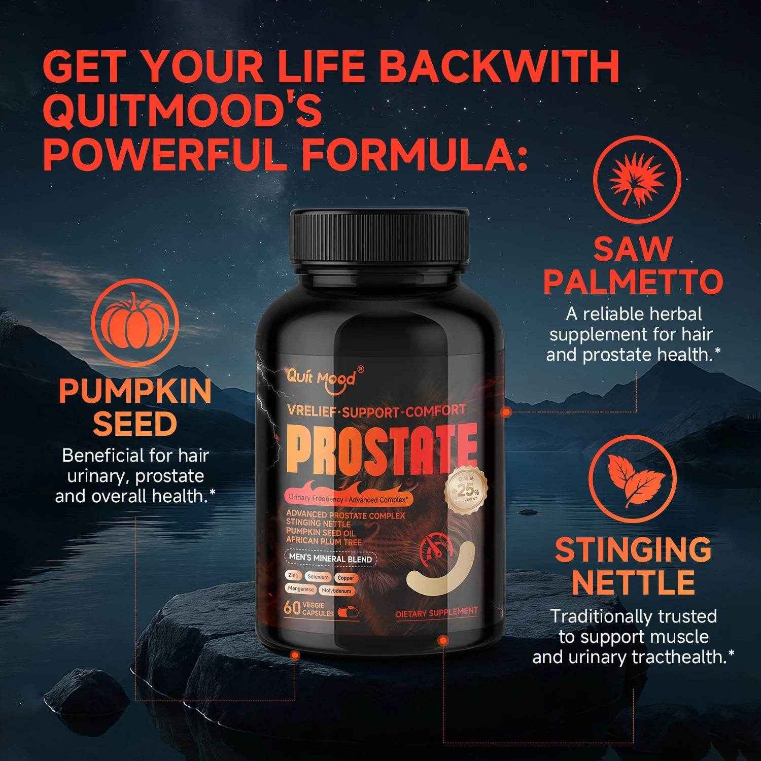 Quit mood - Advanced Prostate Support | Stinging Nettle, Pumpkin Seed Oil & African Plum Extract | 60 Caps - Men’s Health Focus