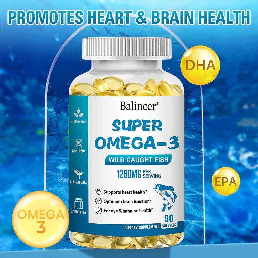 OMEGA 3 Fish Oil Supplement - Rich in EPA & DHA, Supports Brain Health, Heart - Immune System, Eyes, Skin, 90 Capsules