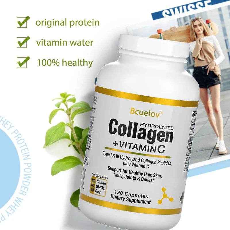 Bcuelov Type I & III Hydrolyzed Collagen Peptides Plus Vitamin C Supports Healthy Hair, Skin, Nails, Joints & Bones