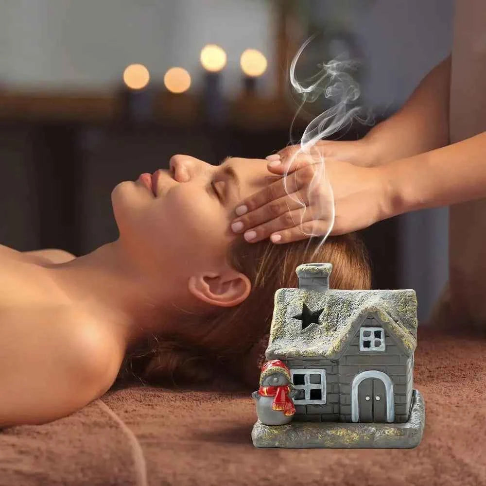 Christmas House Incense Burner - Ceramic Aroma Cone Burner with Chimney Design and Ash Catcher for Table Décor