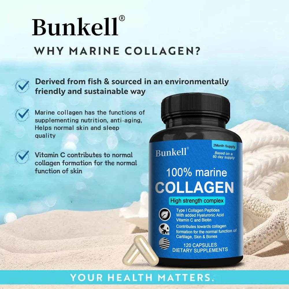 Marine Collagen | with Hyaluronic Acid, Vitamin C and Biotin | High Strength Collagen Supplement for Men and Women 120 Capsules