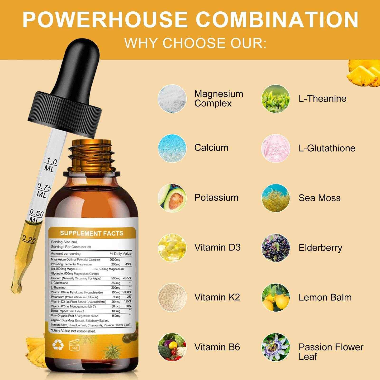 Mulittea Magnesium Glycinate Drops In Pineapple Flavor For Calming Mood, Muscles Sleep, Promoting Nerves and Relaxation