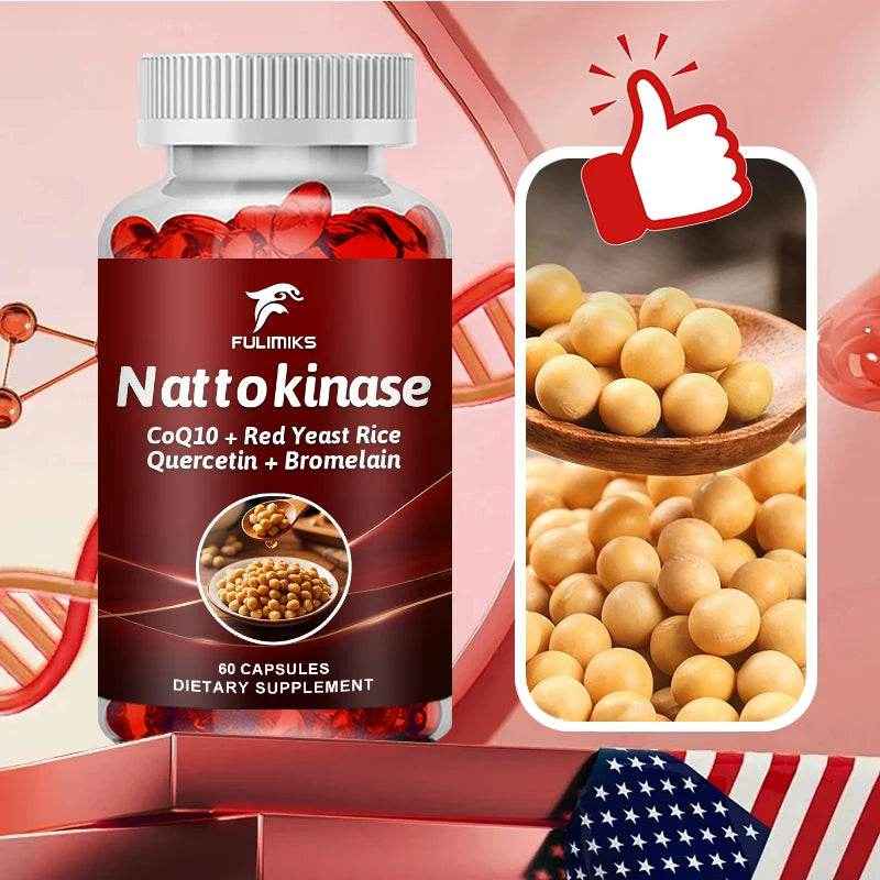 Nattokinase Capsules with CoQ10 - Red Yeast Rice - Quercetin -Bromelain, Brain Health and Normal Blood Flow