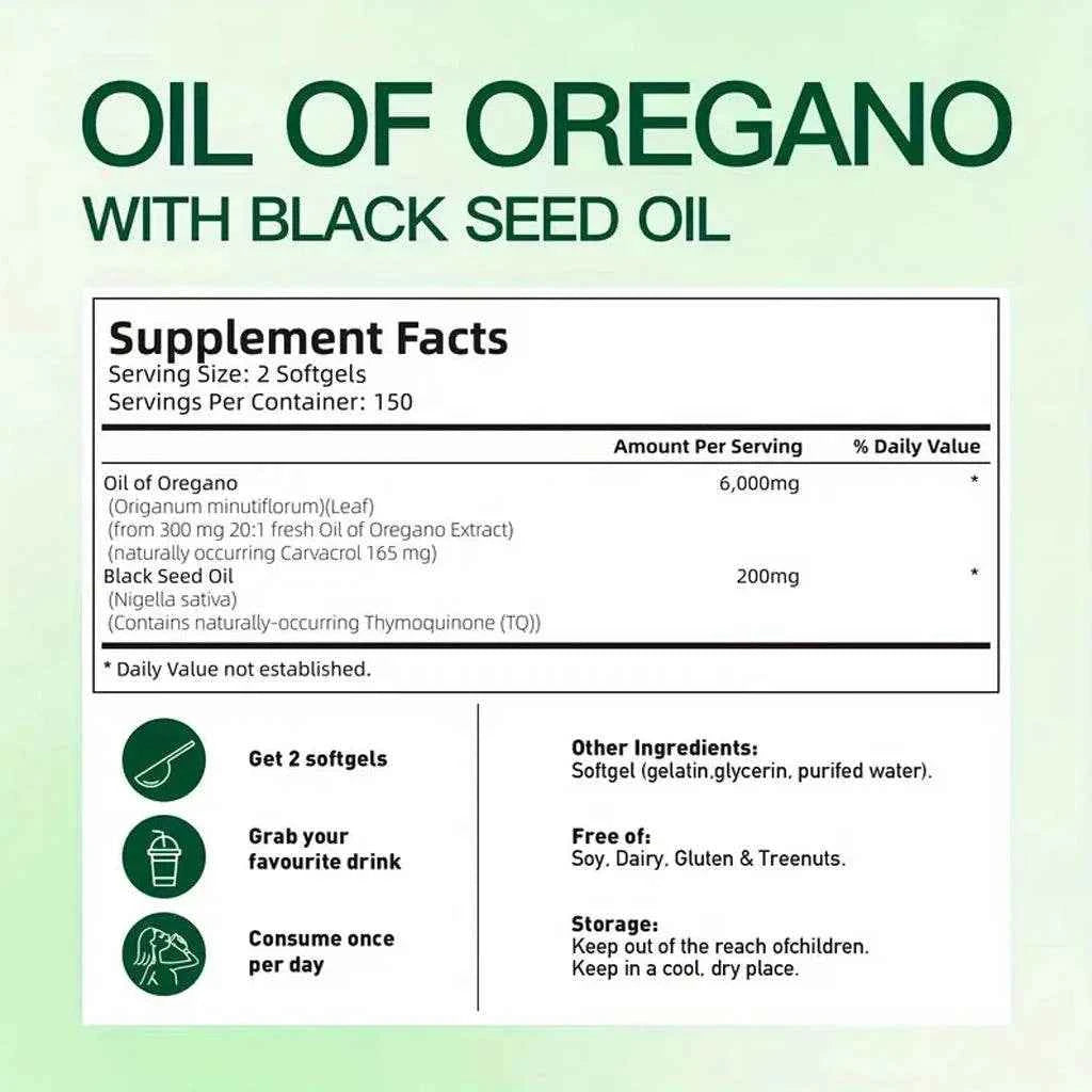 300 Capsules Oil Of Oregano with Black Seed Oil - Natural Antioxidants for Fitness Nutritional Support - Highly Effective