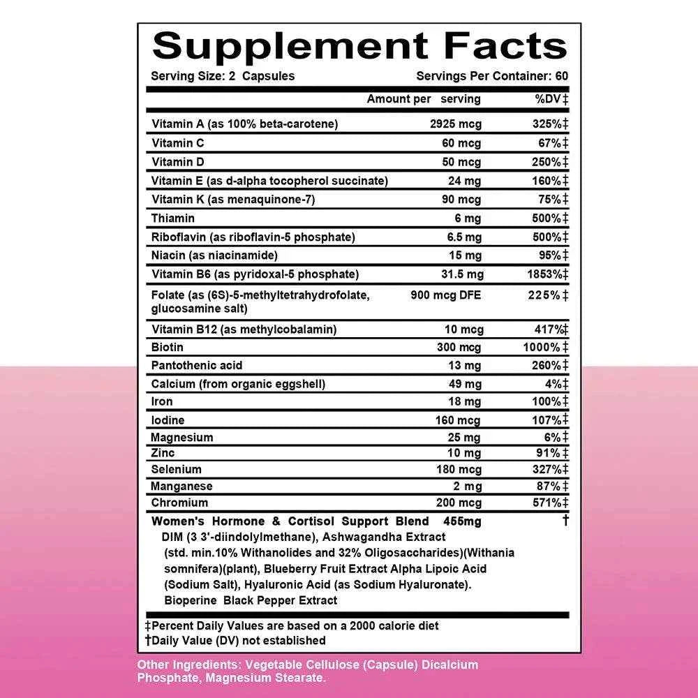 Multivitamin Supplement for Women with Iron, Folic Acid, Biotin and Calcium To Help Immunity and Cellular Energy, Bone Health