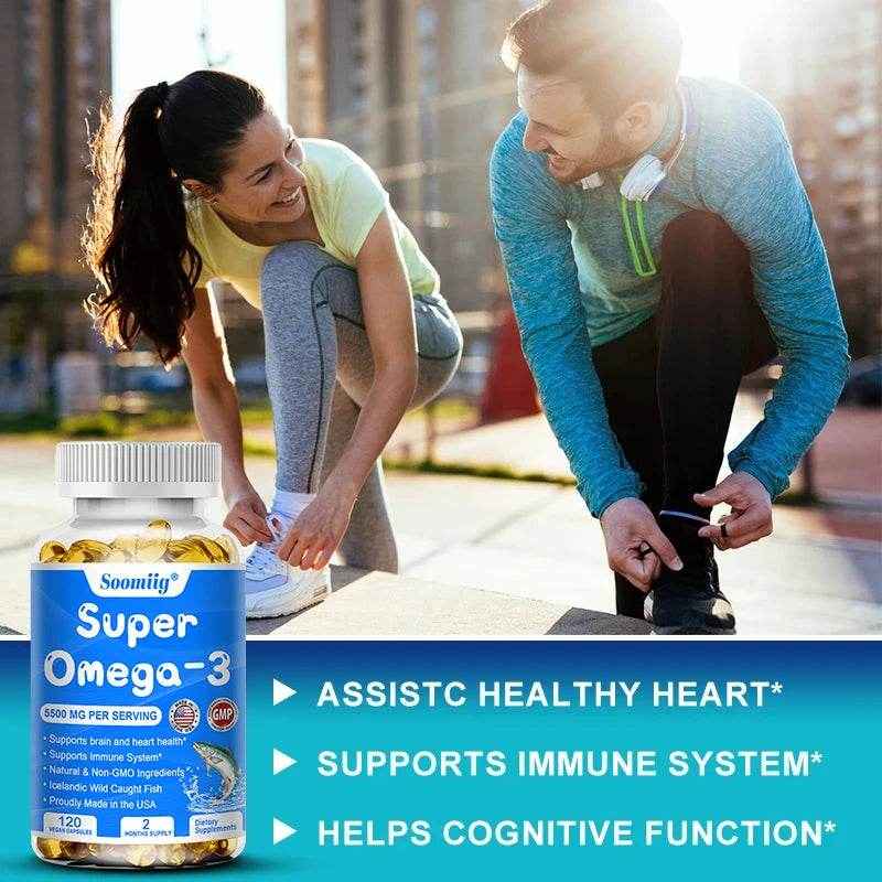 Wild Caught Super Strength Omega 3 Fish Oil 120 Softgels 5500mg High EPA 1200mg DHA 900mg Non-GMO Gluten Free Dietary Supplement
