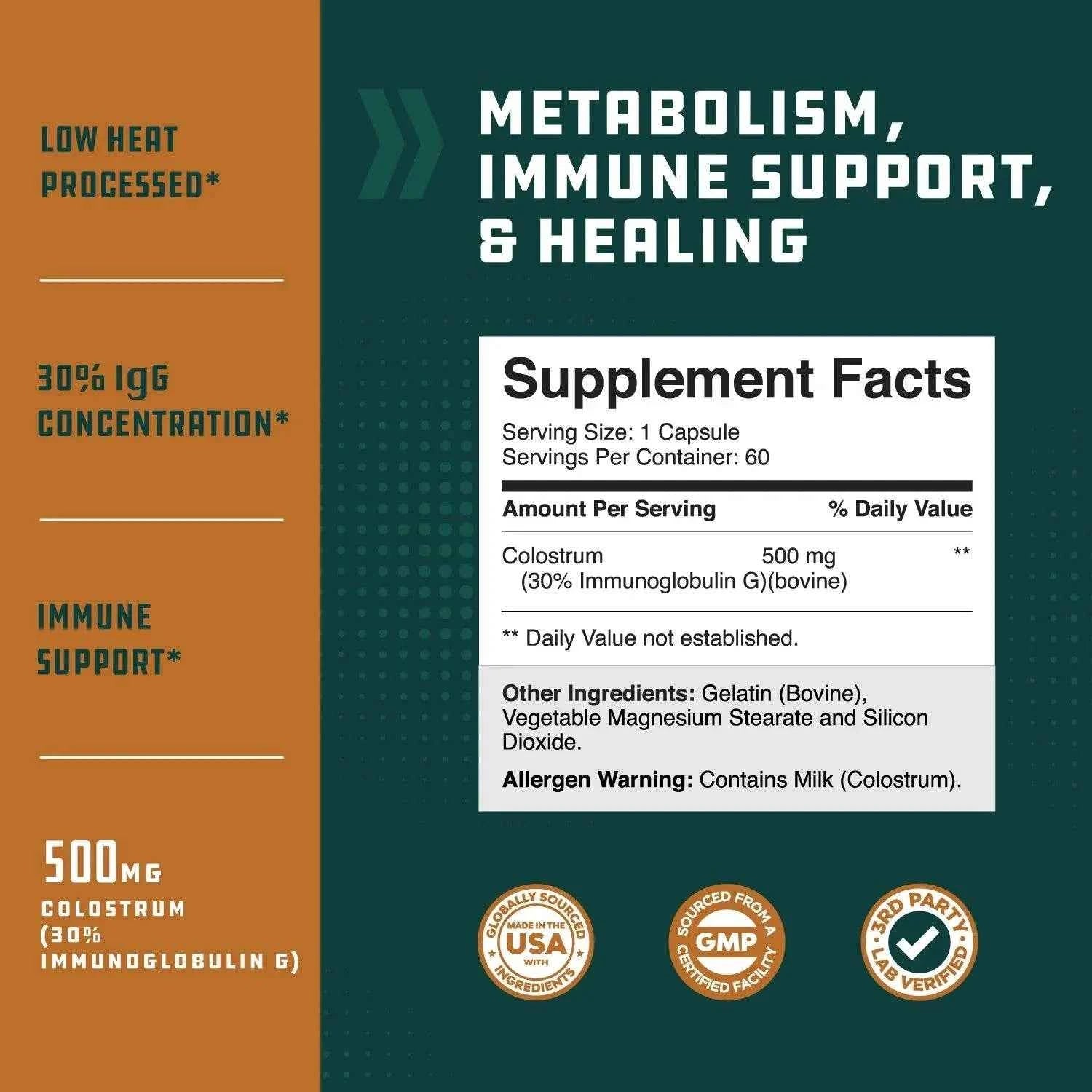 Colostrum, 30% IgG 500 mg - Muscle Support, Gut Health, Joint Immunity, Bone Strength & Brain Support, 60 Capsules