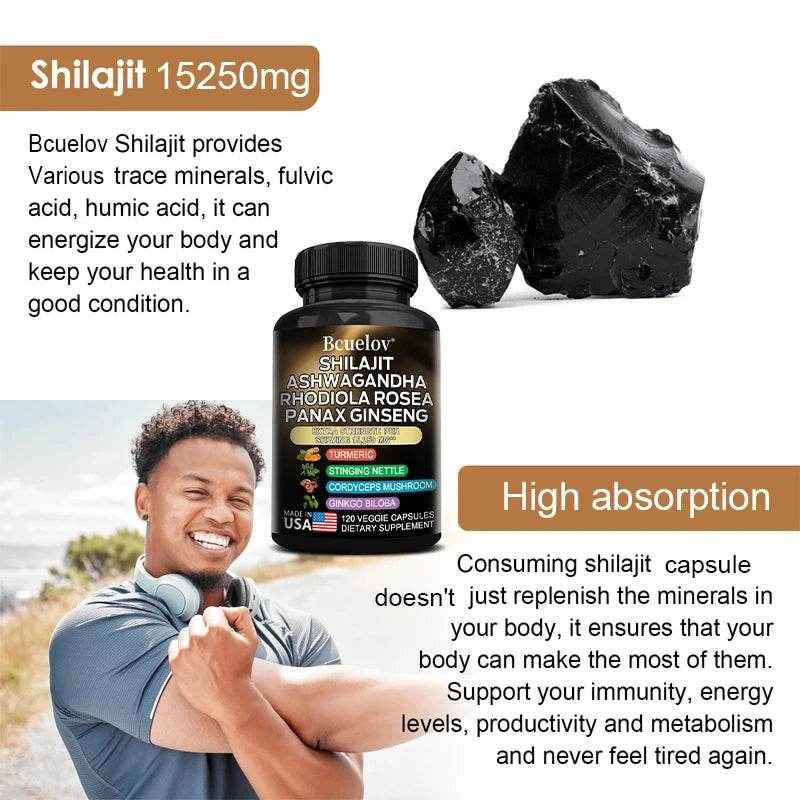 Shilajit Pure Himalayan with Ashwagandha, Rhodiola, Ginseng, Men & Women Supplement - Brain, Energy, Joints, Immunity