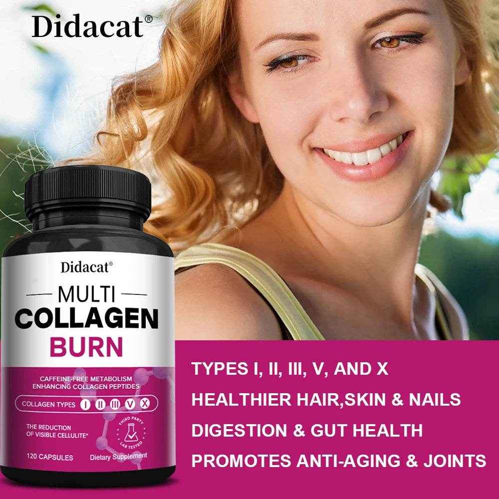 Didacat Multi-Collagen Burn - Hair, Nails, Skin, Joints, Teeth and Gum Health, Boost Metabolism, Burn Fat