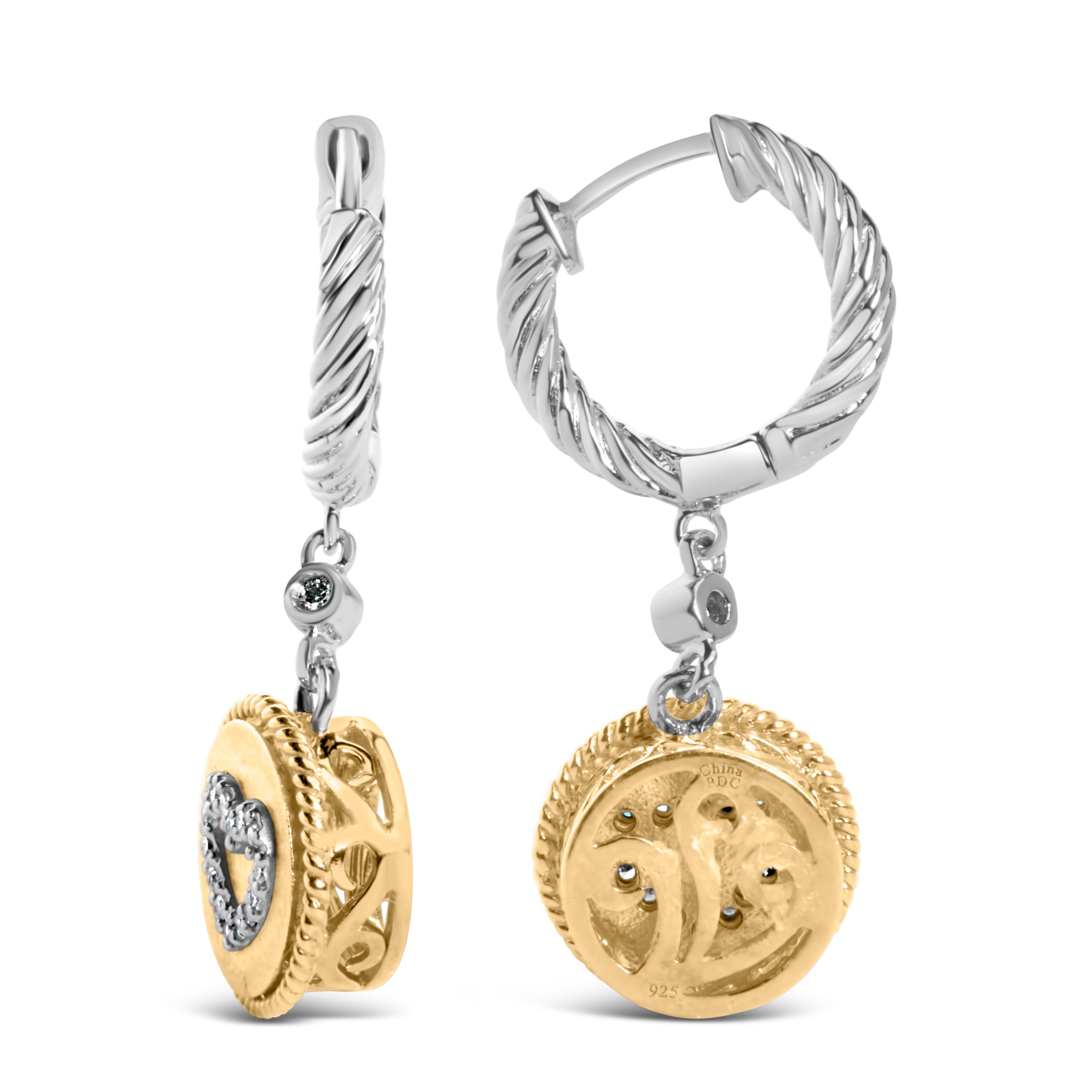 18K Yellow Gold Plated .925 Sterling Silver 1/8 Cttw Diamond Heart Medallion Drop and Dangle Earring (I-J Color, SI1-SI2 Clarity) by Bids.com