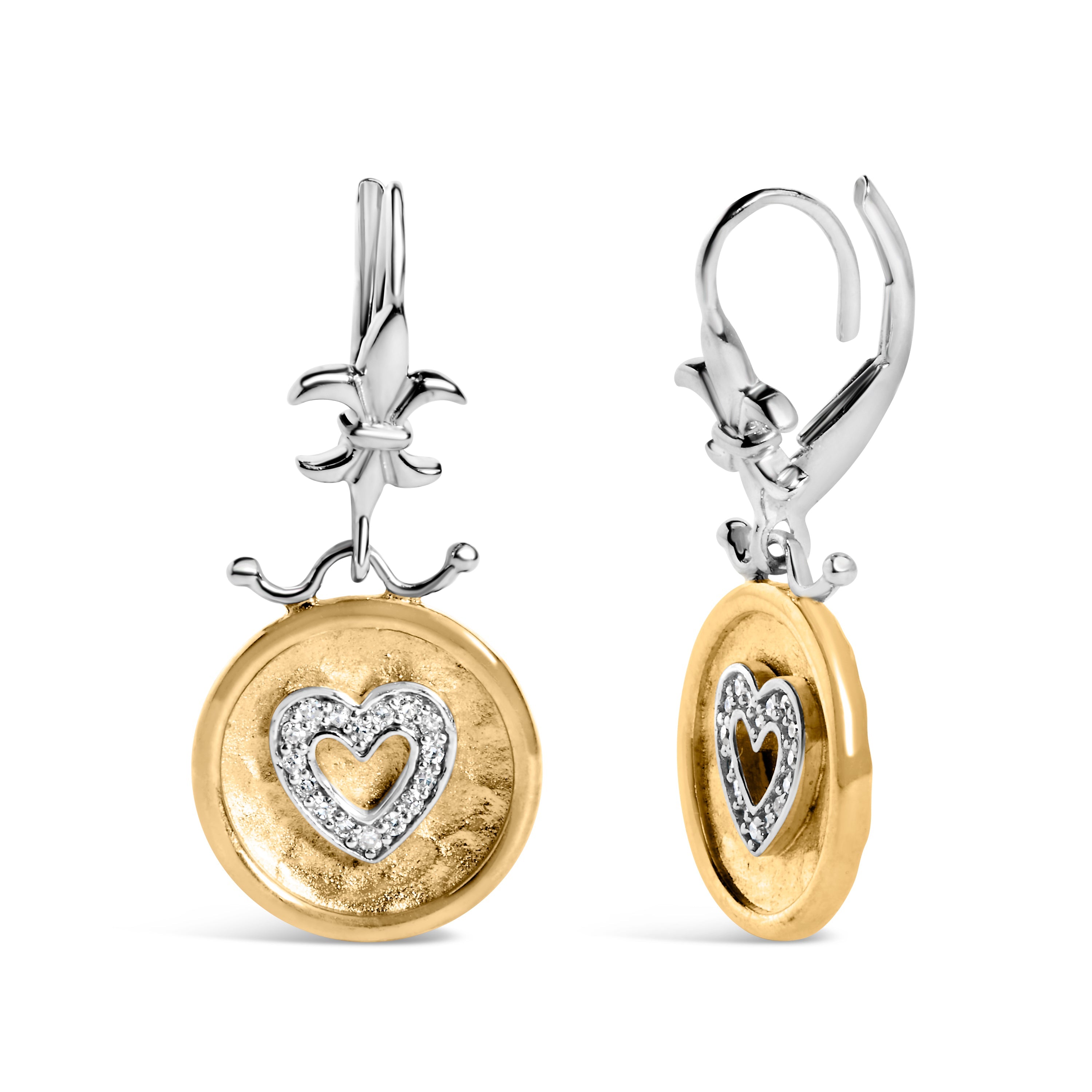 18K Yellow Gold Plated .925 Sterling Silver 1/8 Cttw Diamond Hammered Finished Medallion Heart Drop and Dangle Earrings (I-J Color, SI1-SI2 Clarity) by Bids.com