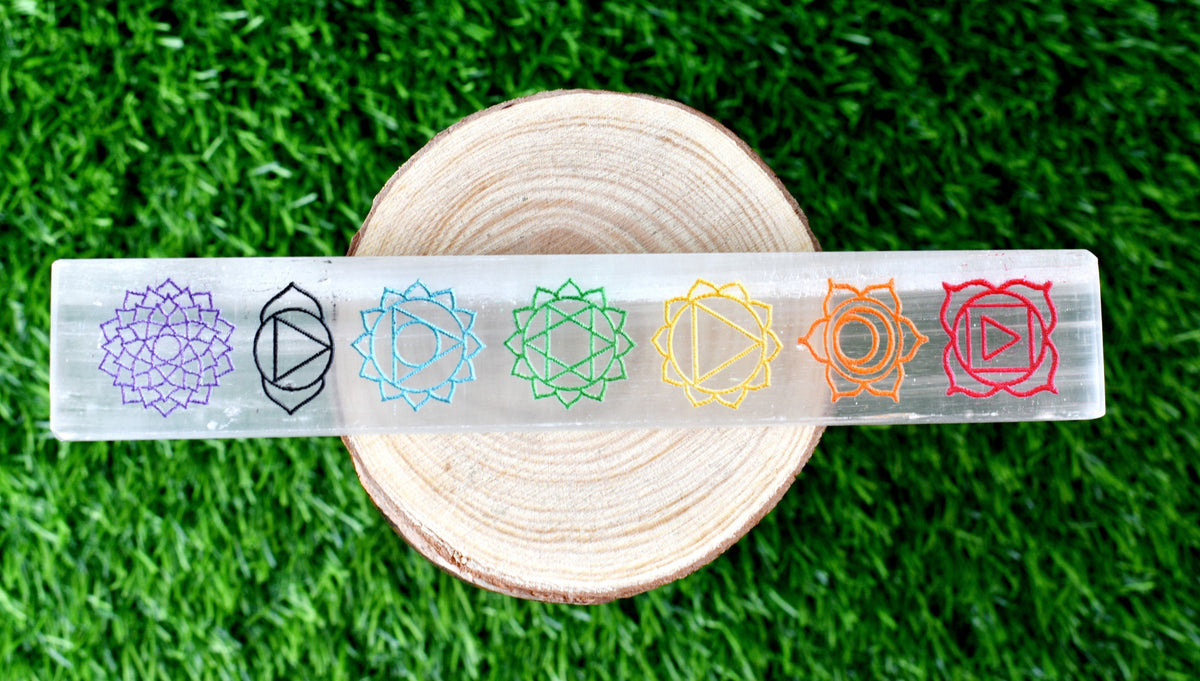 6" Selenite Charging Plate with 7 Chakra Signs, Engraved Chakra Selenite Plate DestGlow