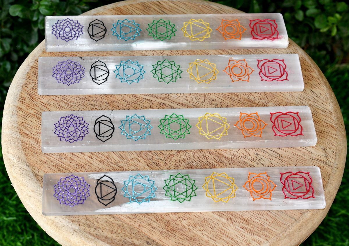 6" Selenite Charging Plate with 7 Chakra Signs, Engraved Chakra Selenite Plate DestGlow
