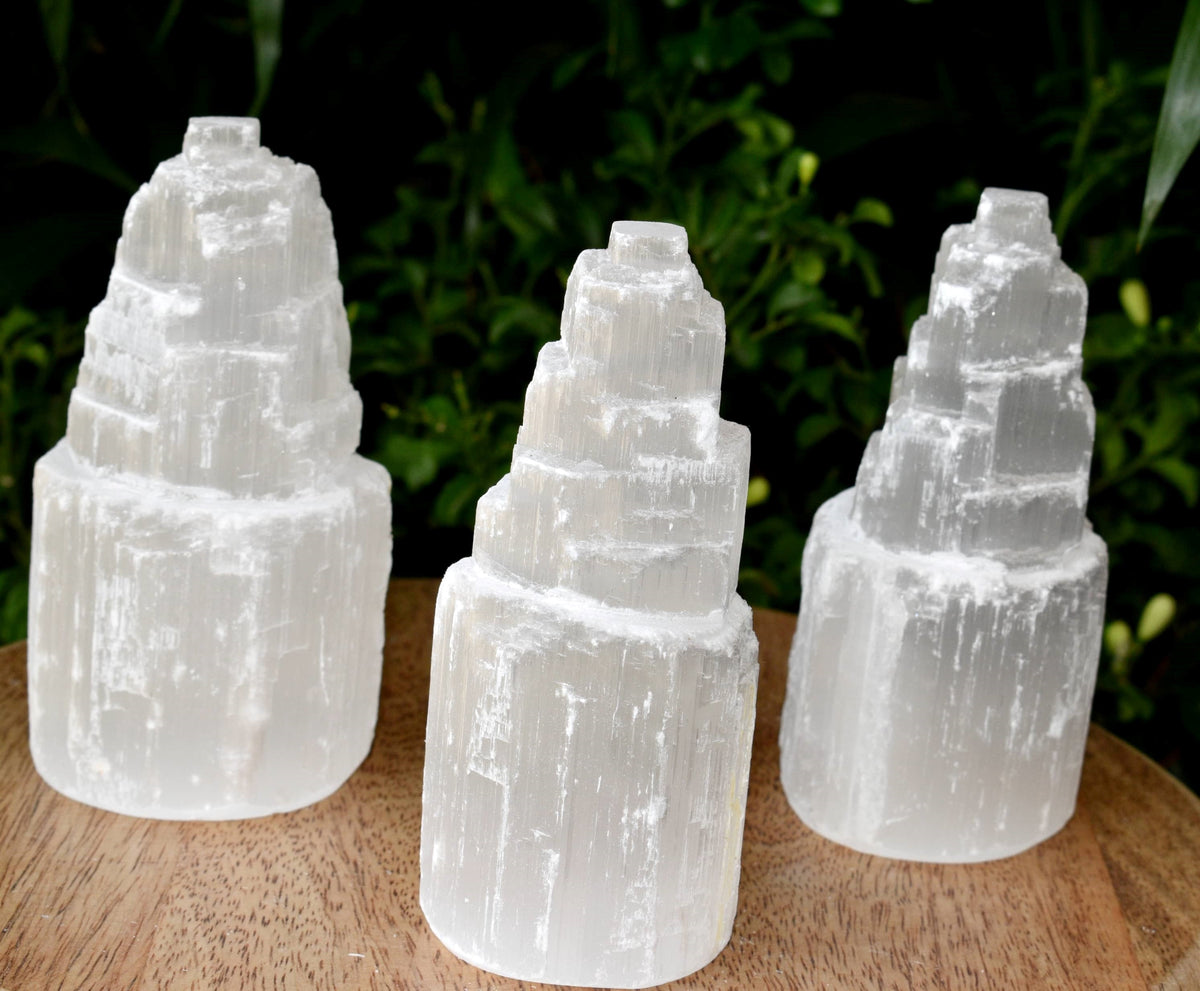 Natural Rough Selenite Swirl Towers, 4" Genuine Healing White Spiral Crystal DestGlow